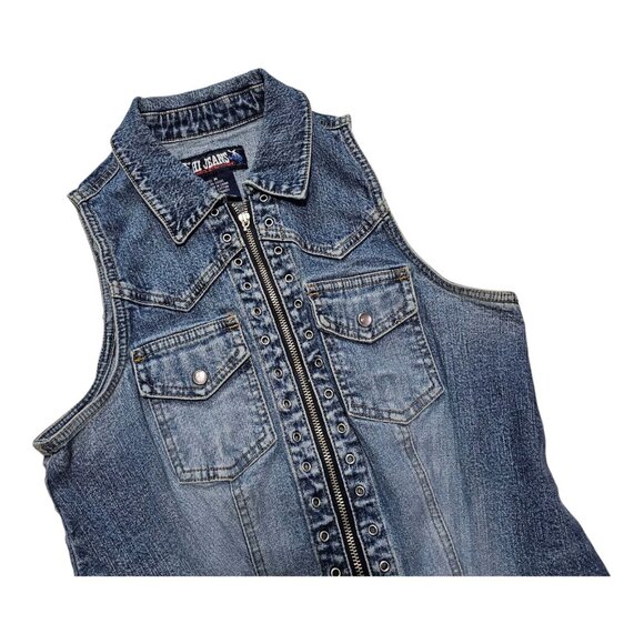 Vintage Y2K Denim Romper Medium Blue Drop Waist Belt Loops Snap Button Pockets - Picture 4 of 12